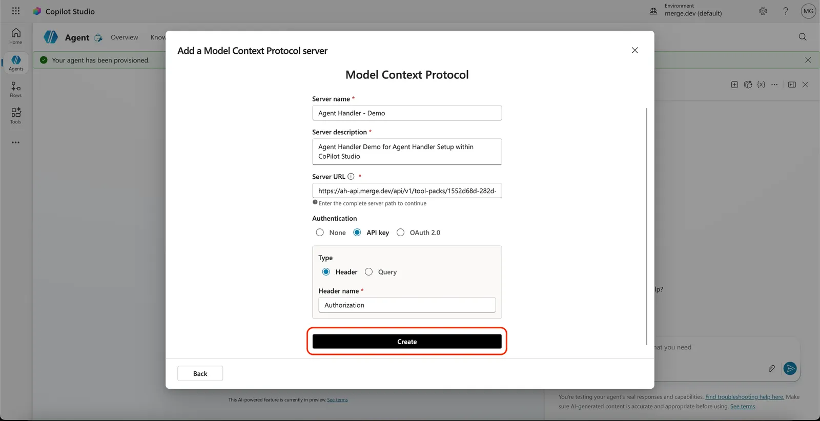 Model Context Protocol server form filled out with Agent Handler values, Create button highlighted