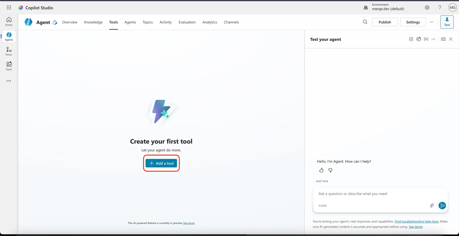 Tools tab with the Add a tool button highlighted