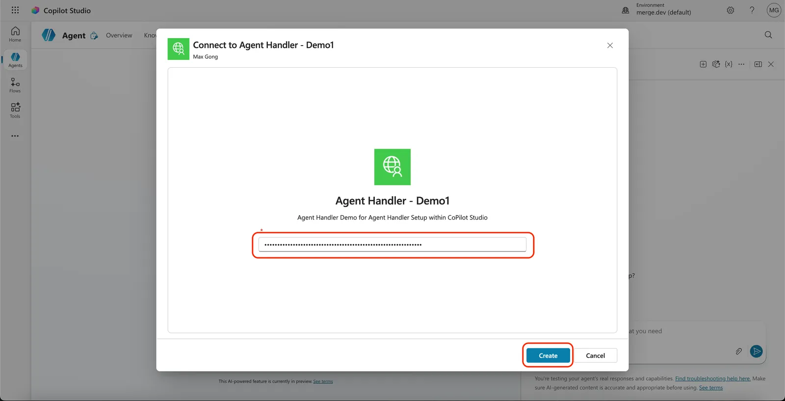 Connect to Agent Handler dialog with API key field highlighted