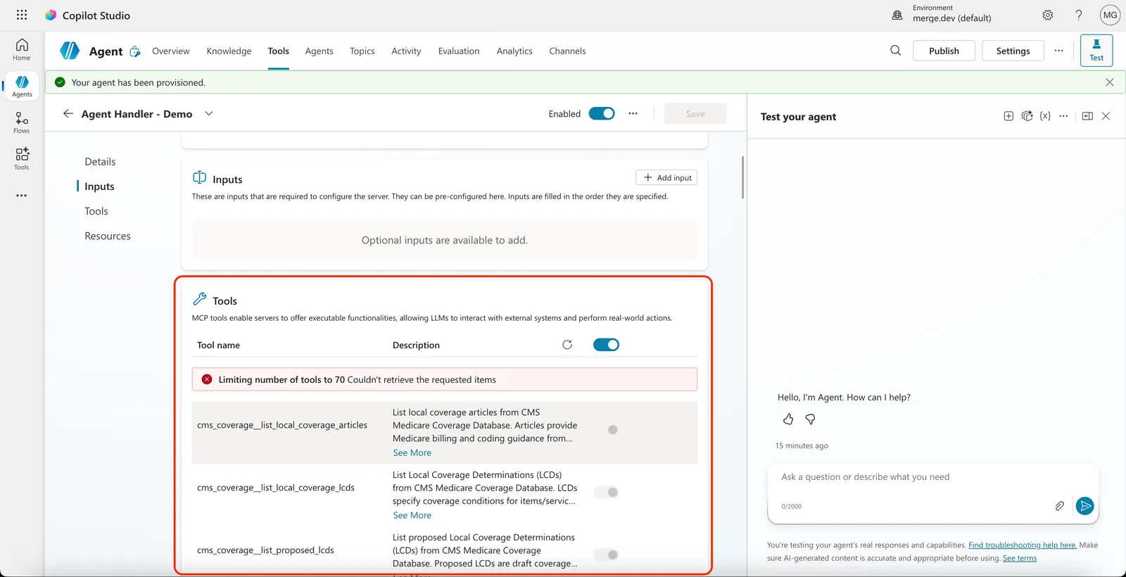 Tool description page showing Agent Handler tools enabled in Copilot Studio
