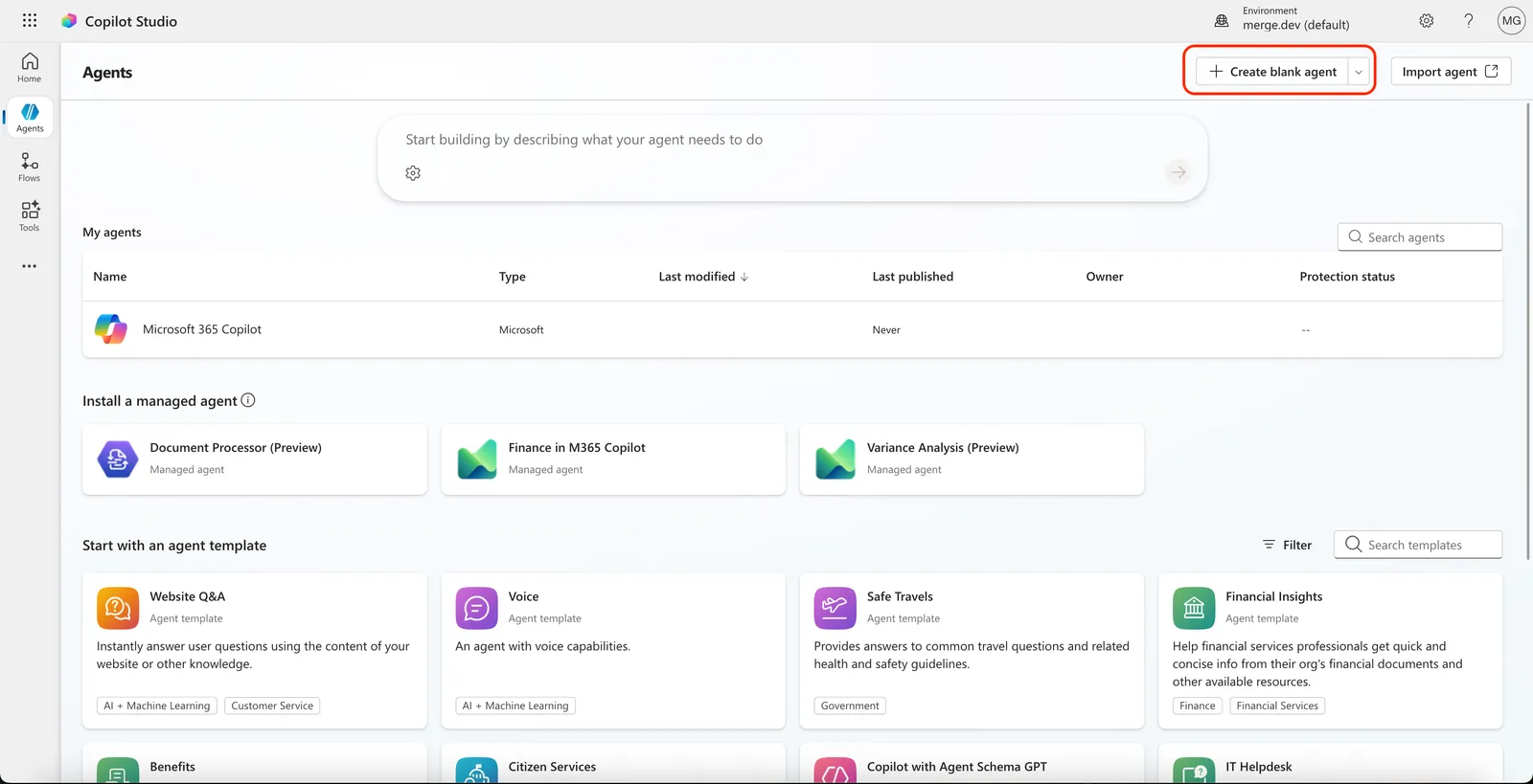 Copilot Studio agent list with the Create blank agent button highlighted