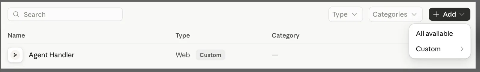 Claude Organization settings Connectors page with Agent Handler listed as a Web Custom connector and the Add menu open showing All available and Custom