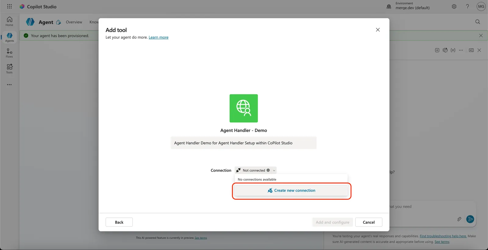 Add tool dialog showing the Create new connection option