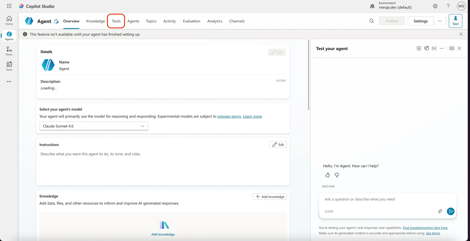 Copilot Studio agent overview with the Tools tab highlighted